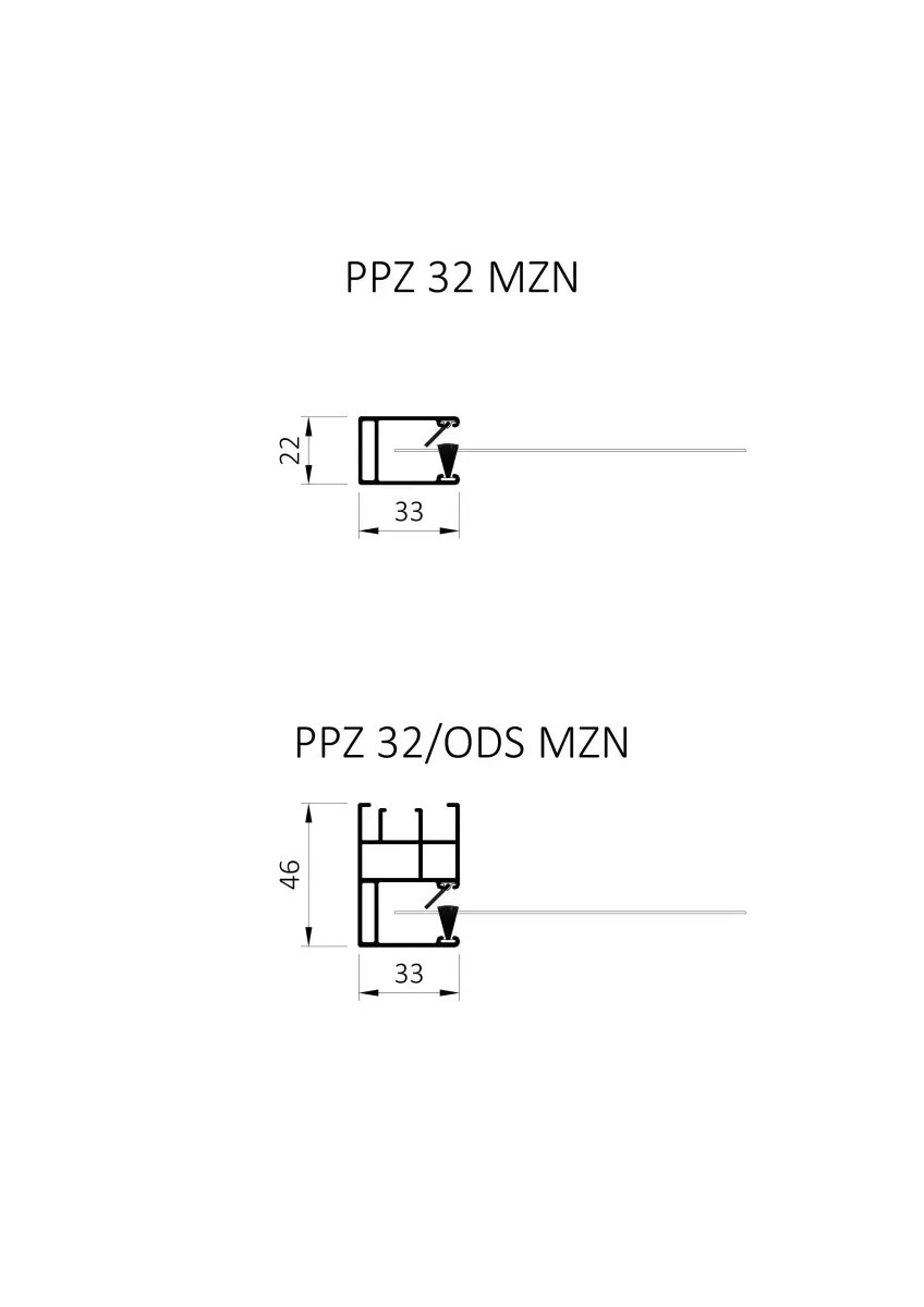 MZN sistēmas vadotnes PPZ 32 griezums (Aluprof rasējums)