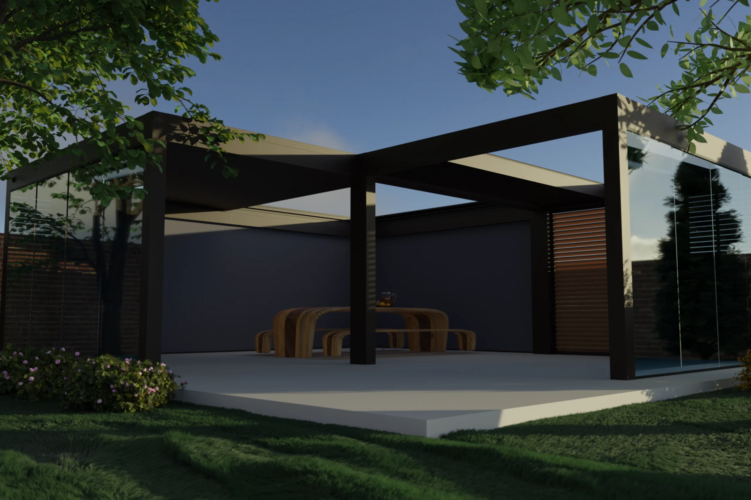 Atpūtas zona zem bīdāmās WIN CLIMATIC SLIDE pergolas