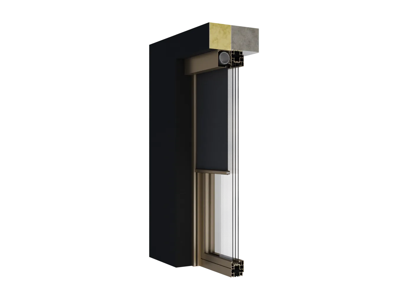 WIN SCREEN ZIP 110 adaptīvās sistēmas šķērsgriezums: kaste 110 mm, audums uz pusi nolaists ZIP vadotnē